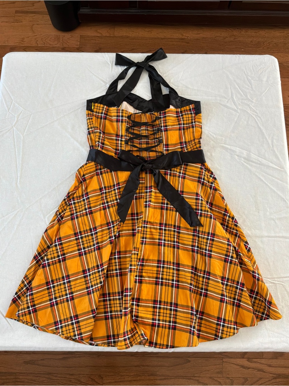 ******* Yellow Plaid Halter Dress with Black Satin Trim b6 *******